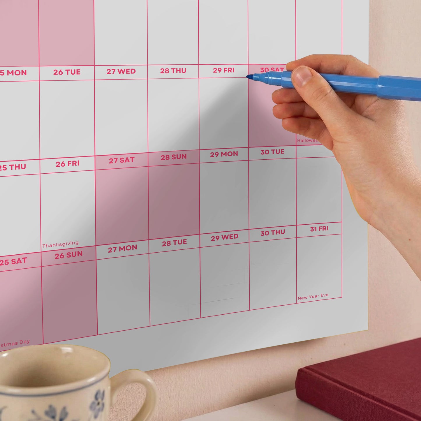 2027 Wall Planner, Year at a Glance, Pink Horizontal Layout