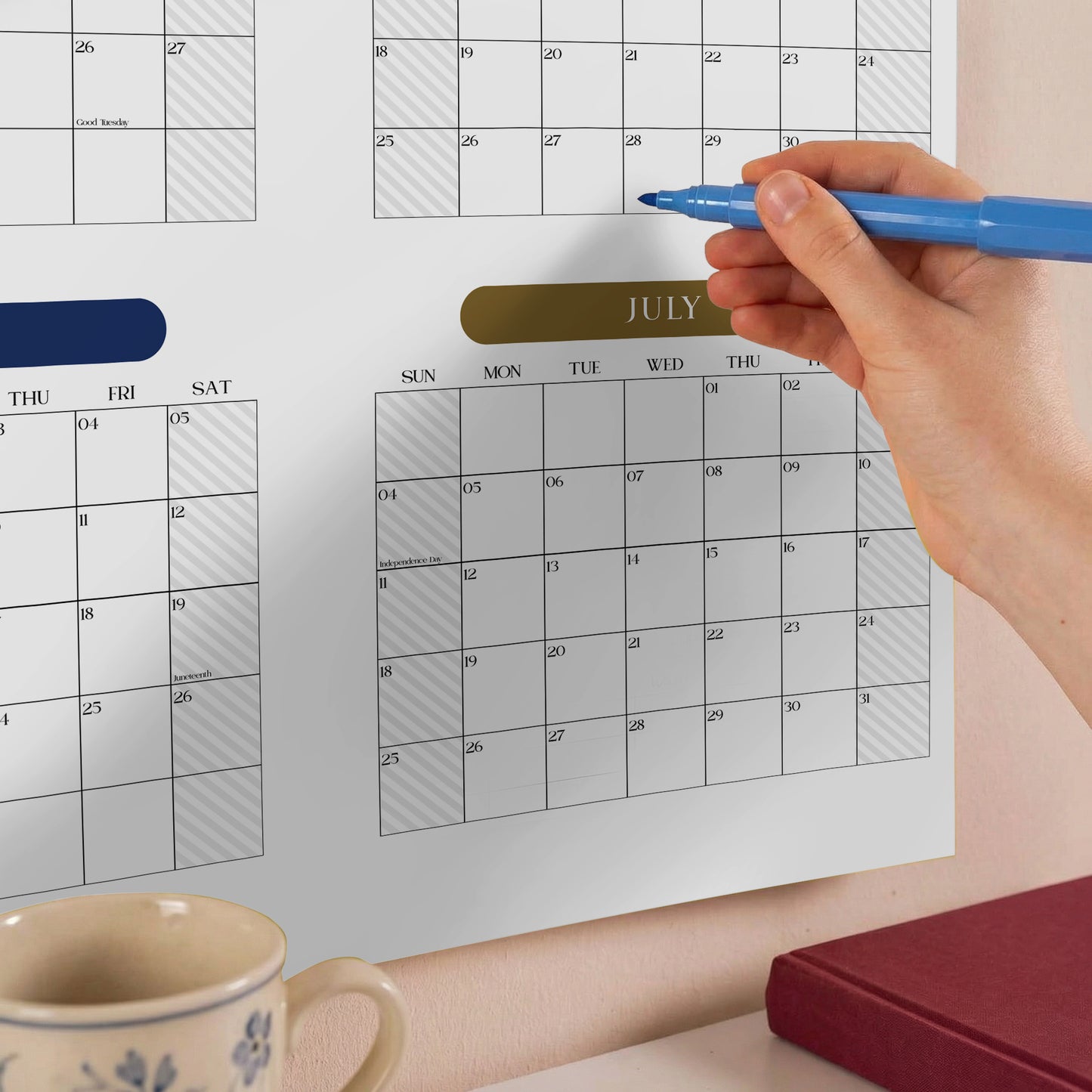 2026-2027 Monthly Grid Wall Planner, Academic Year, August Start, Bright Color, Year to View