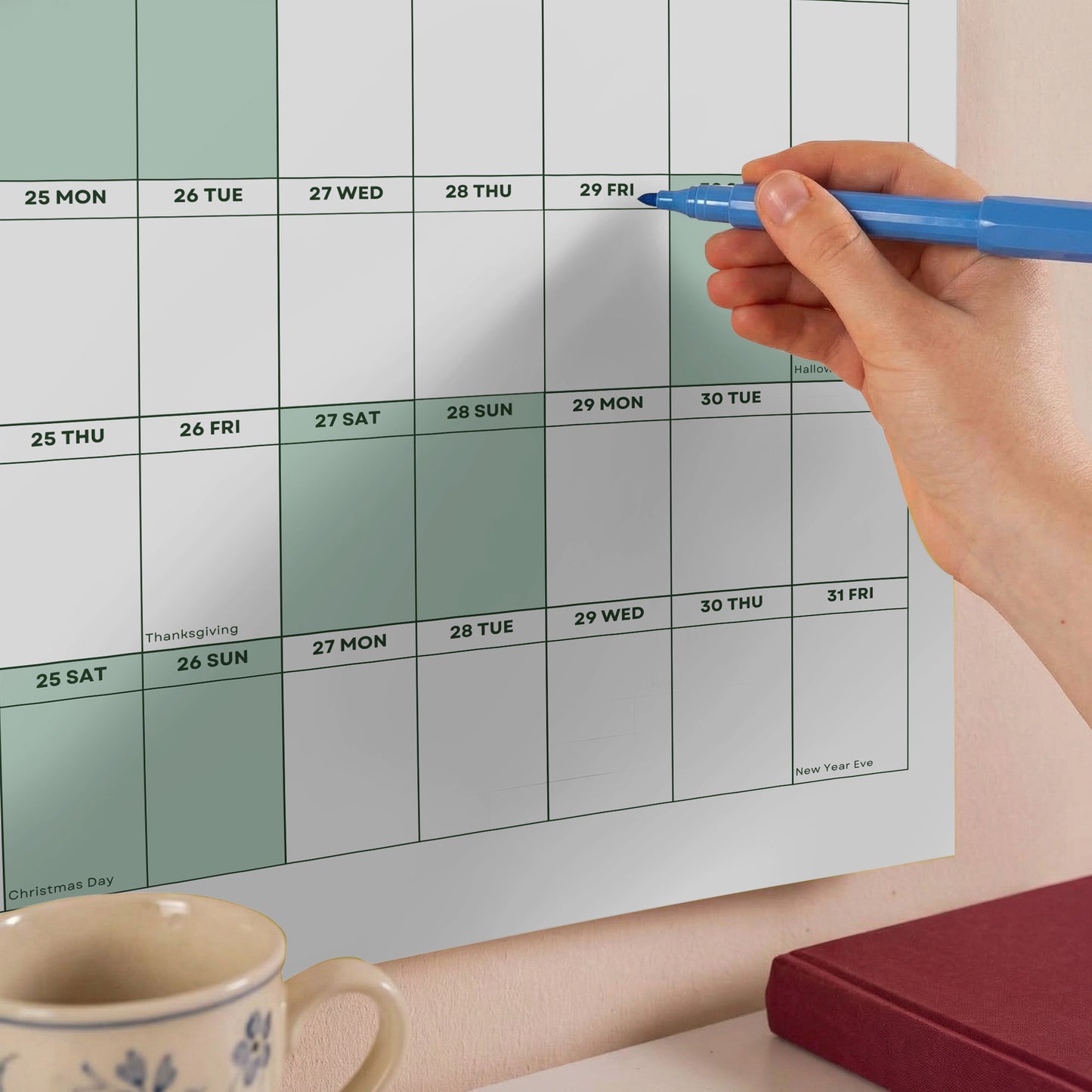 2027 Wall Planner, Year at a Glance, Sage Green Horizontal Layout