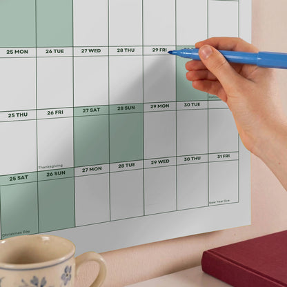 2027 Wall Planner, Year at a Glance, Sage Green Horizontal Layout