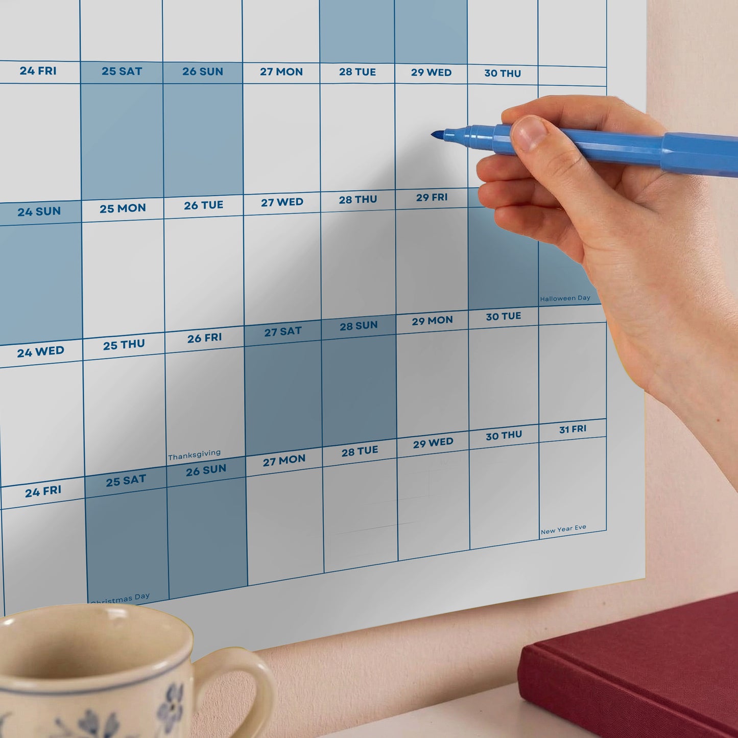 2027 Wall Planner, Year at a Glance, Sage Blue Horizontal Layout
