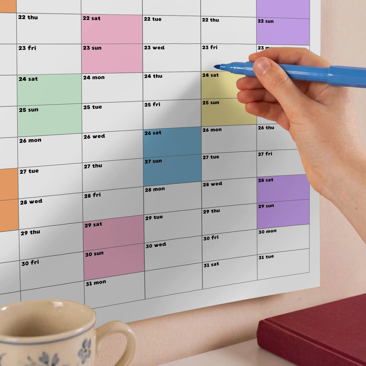 2026-2027 Monthly Grid Wall Planner, Academic Year, Bright Color, Year to View