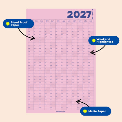 2027 Wall Planner, Pink, Matte Paper