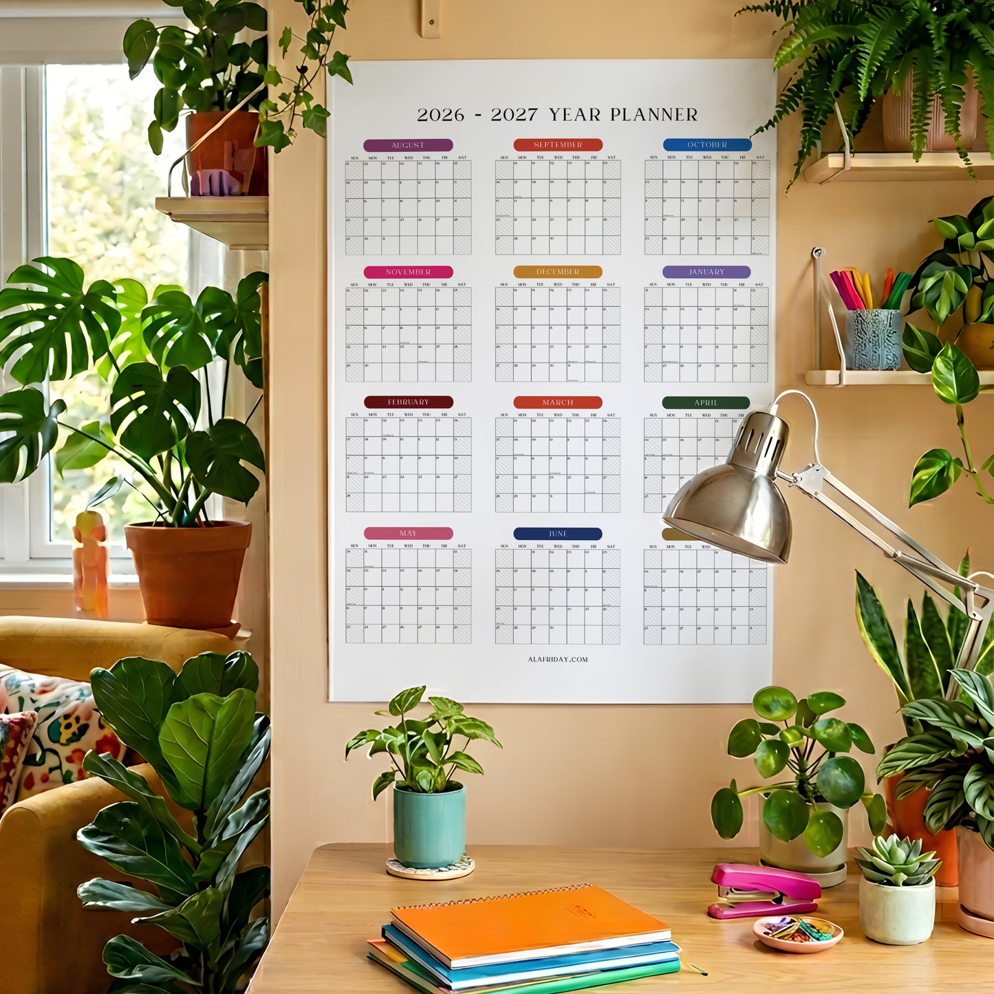 2026-2027 Monthly Grid Wall Planner, Academic Year, August Start, Bright Color, Year to View