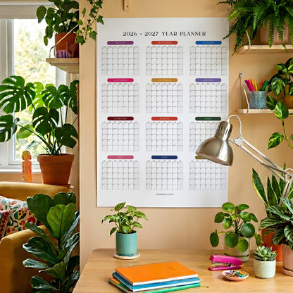 2026-2027 Monthly Grid Wall Planner, Academic Year, August Start, Bright Color, Year to View