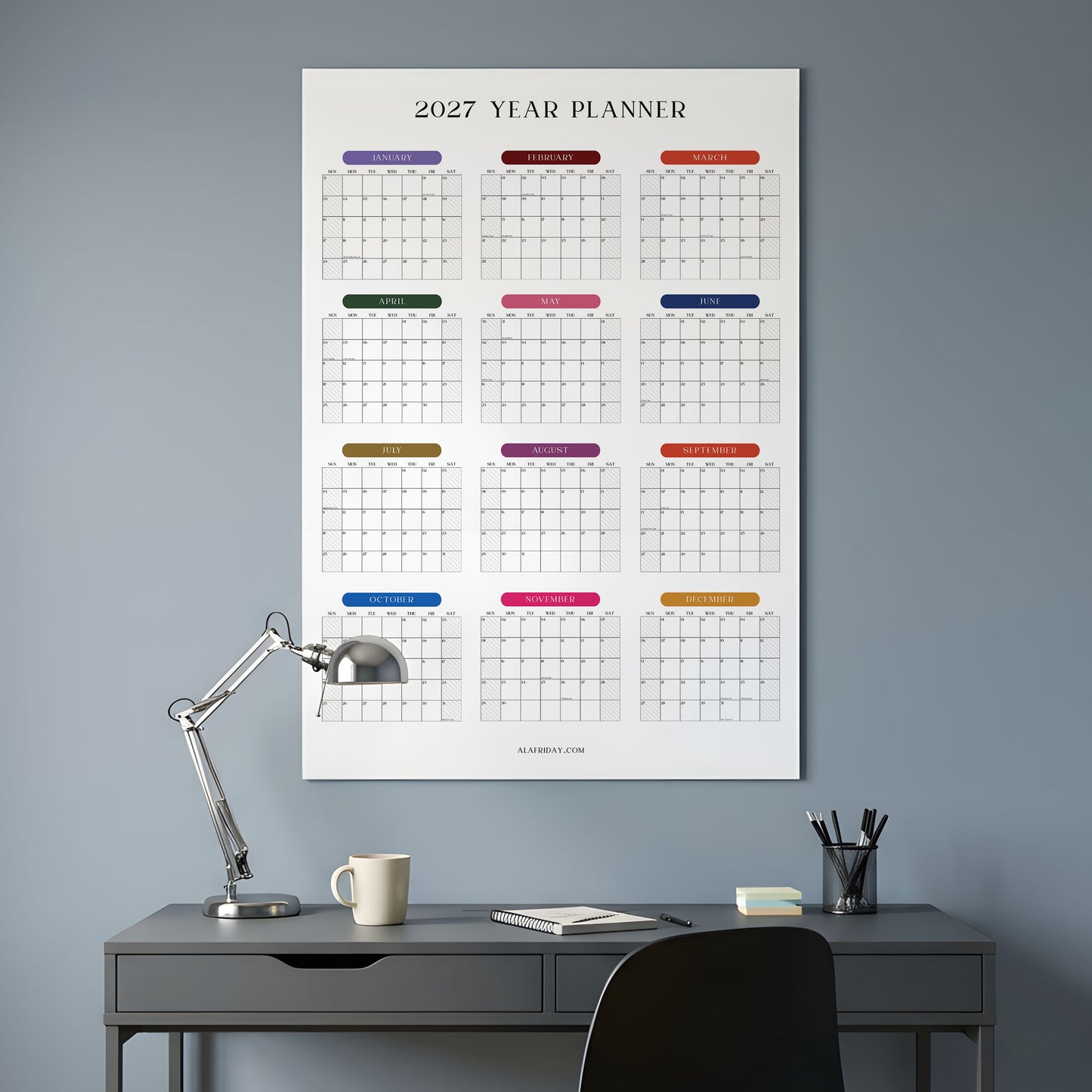 2027 Wall Planner, Year at a Glance, Bright Color Vertical Layout