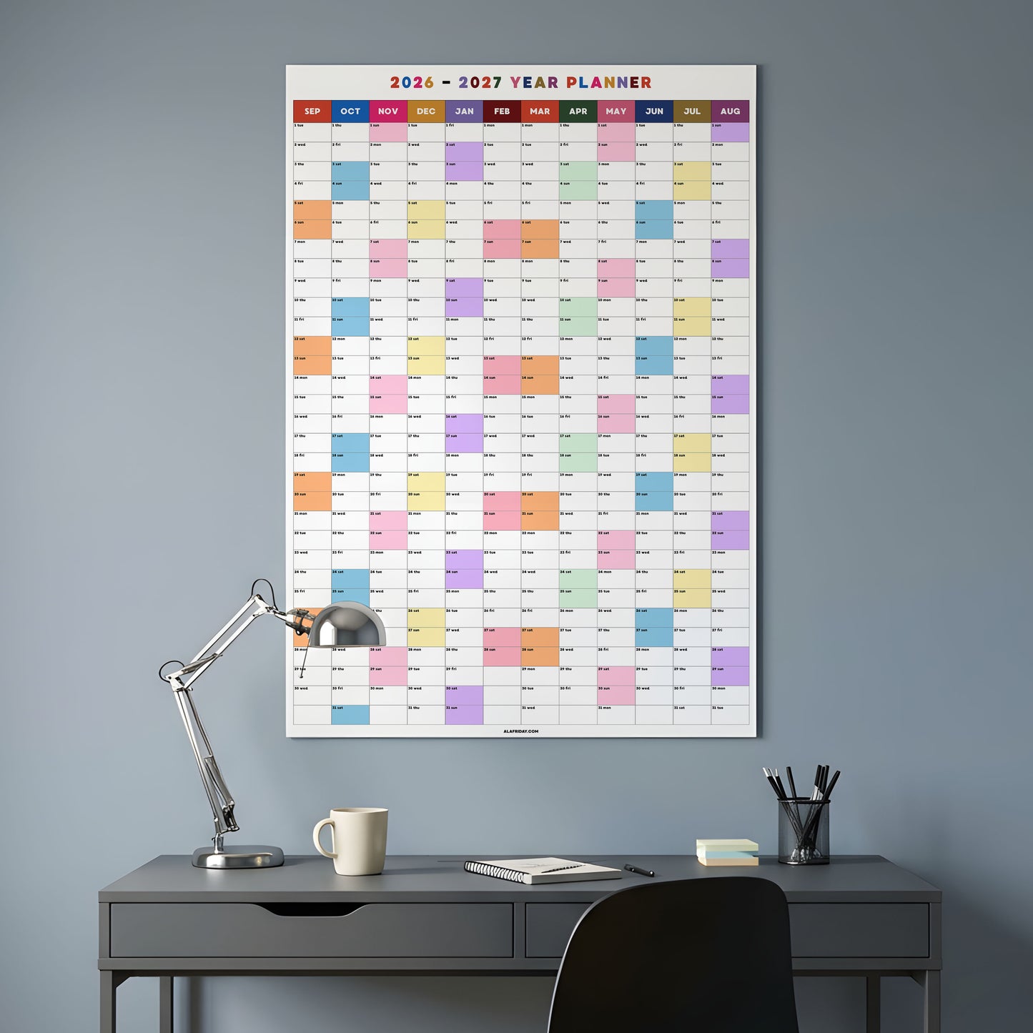2026-2027 Monthly Grid Wall Planner, Academic Year, Bright Color, Year to View
