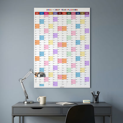 2026-2027 Monthly Grid Wall Planner, Academic Year, Bright Color, Year to View