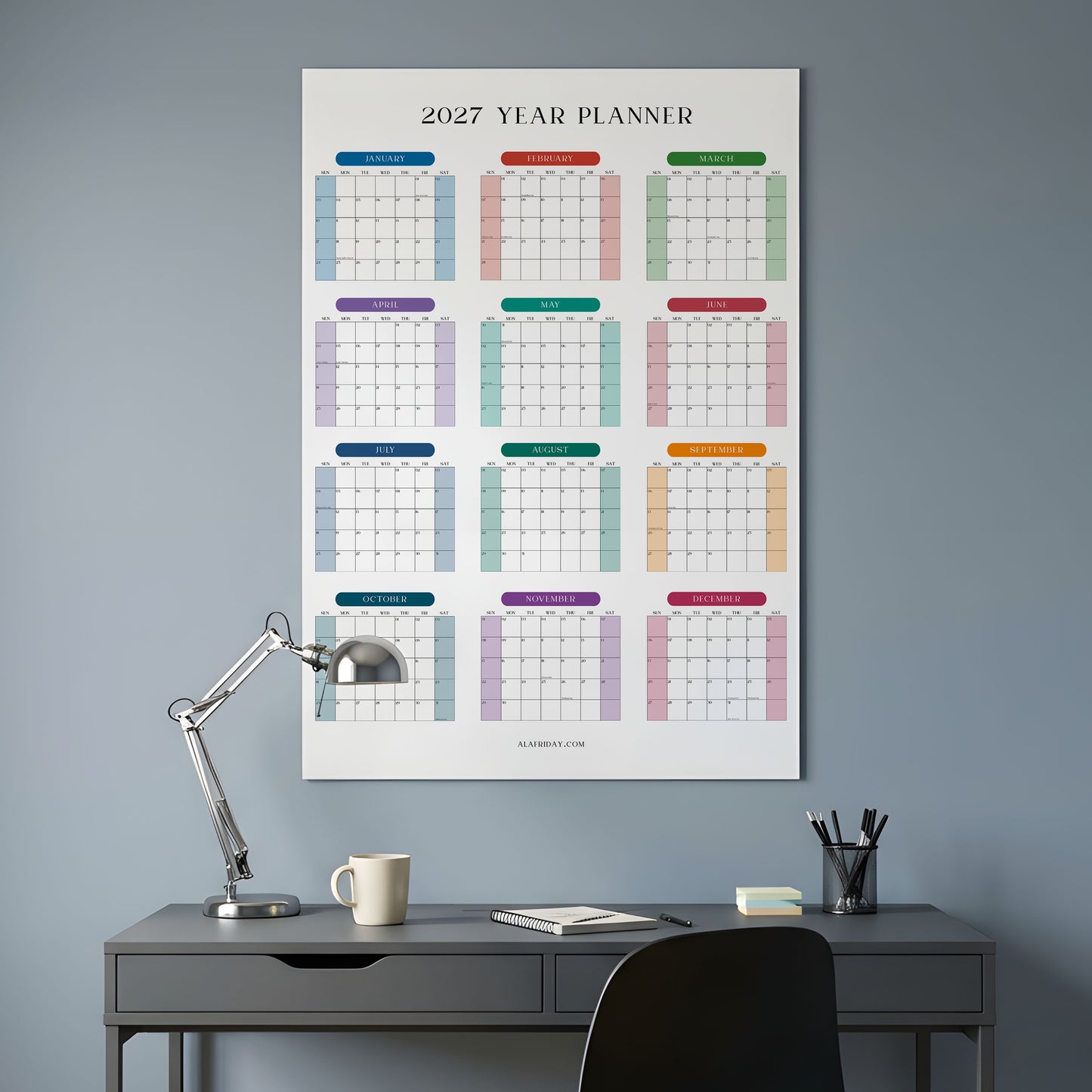 2027 Wall Planner, Year at a Glance, Bright Color Vertical Layout