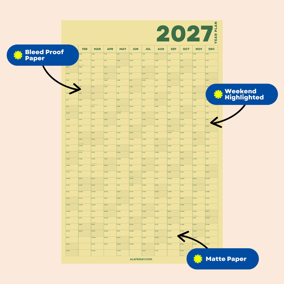 2027 Wall Planner, Yellow, Matte Paper