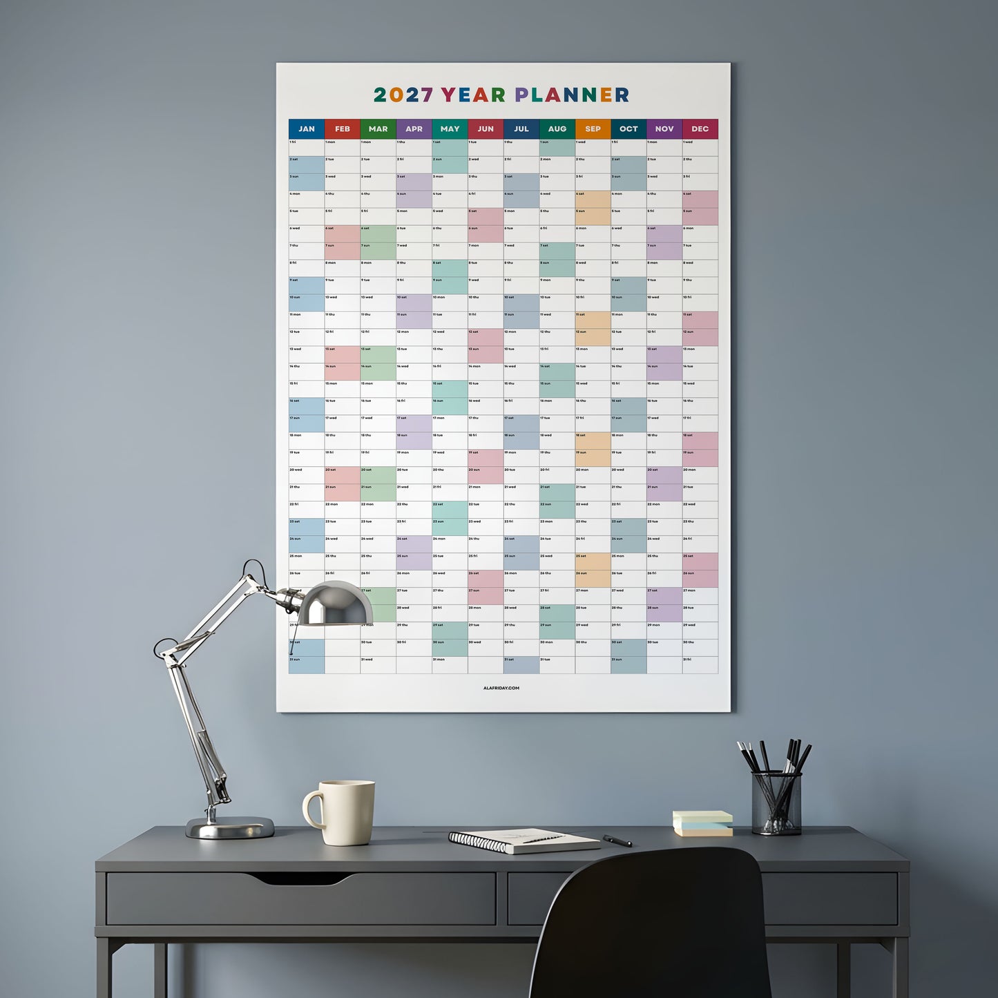 2027 Wall Planner, Year at a Glance, Bright Color Vertical Layout