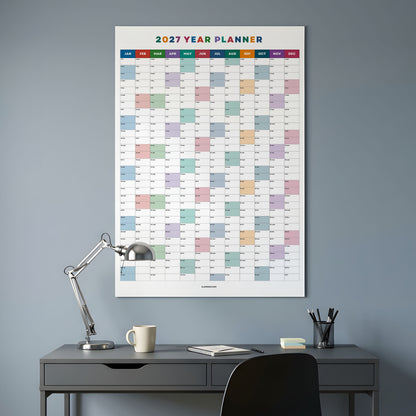 2027 Wall Planner, Year at a Glance, Bright Color Vertical Layout