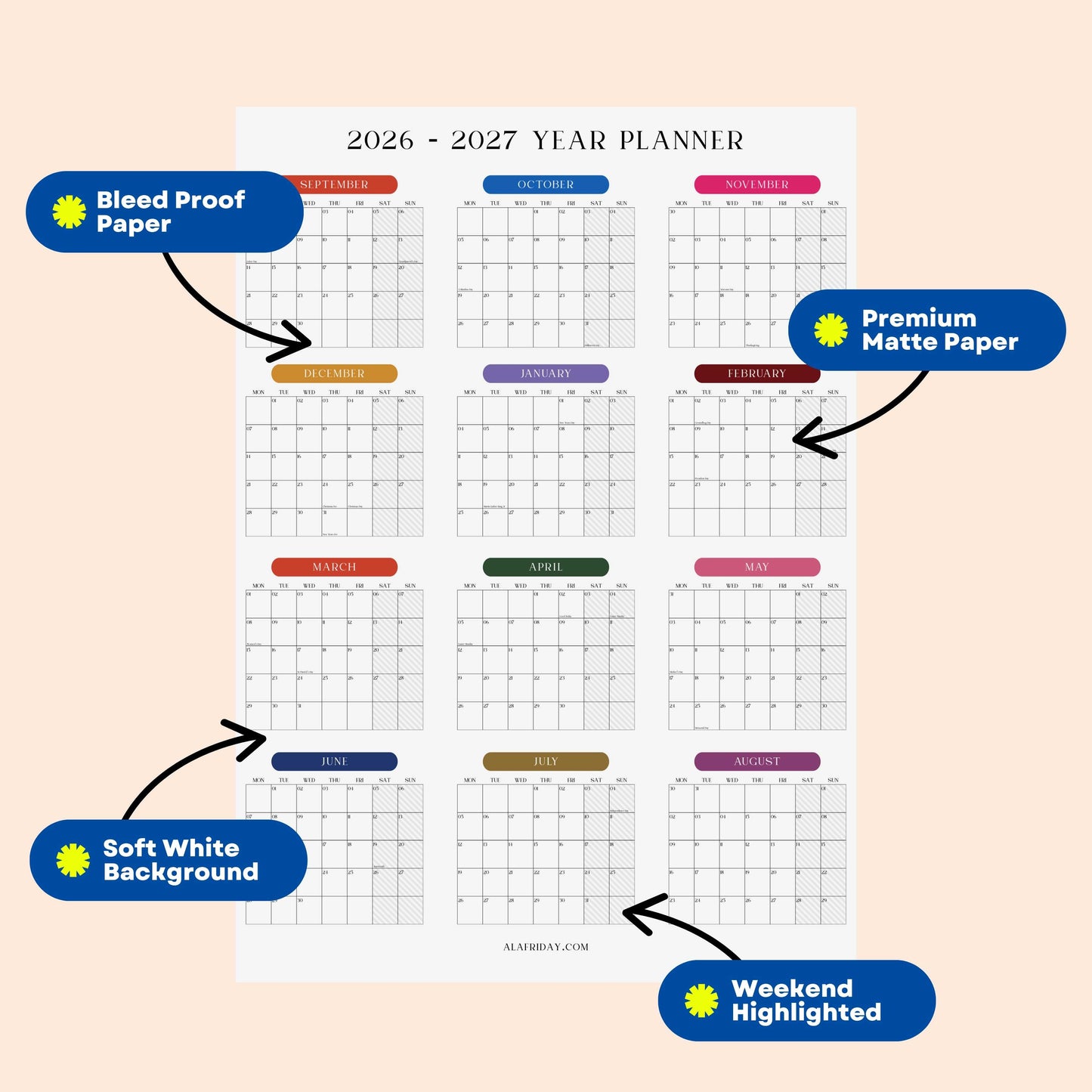 2026-2027 Monthly Grid Wall Planner, Academic Year, Bright Color, Year to View