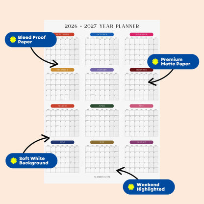 2026-2027 Monthly Grid Wall Planner, Academic Year, Bright Color, Year to View