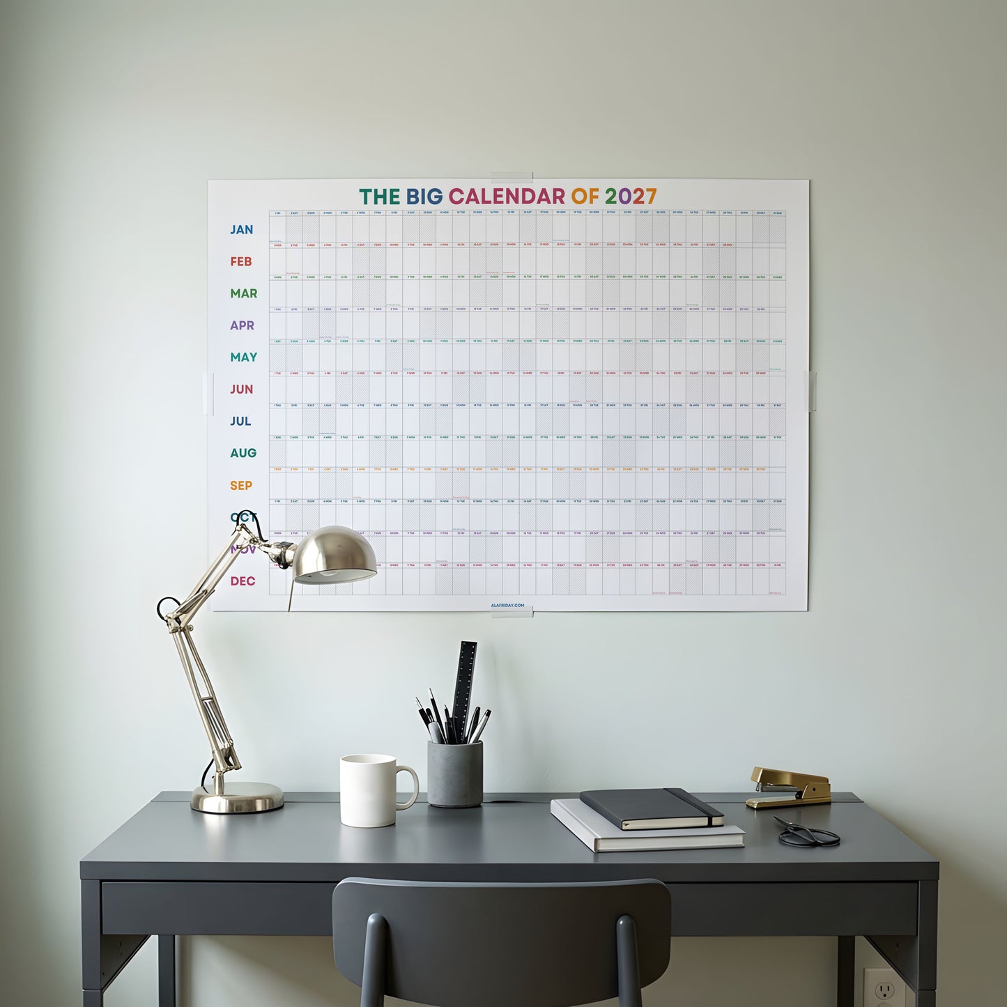 2027 Wall Planner, Year at a Glance, Bright Color Horizontal Layout