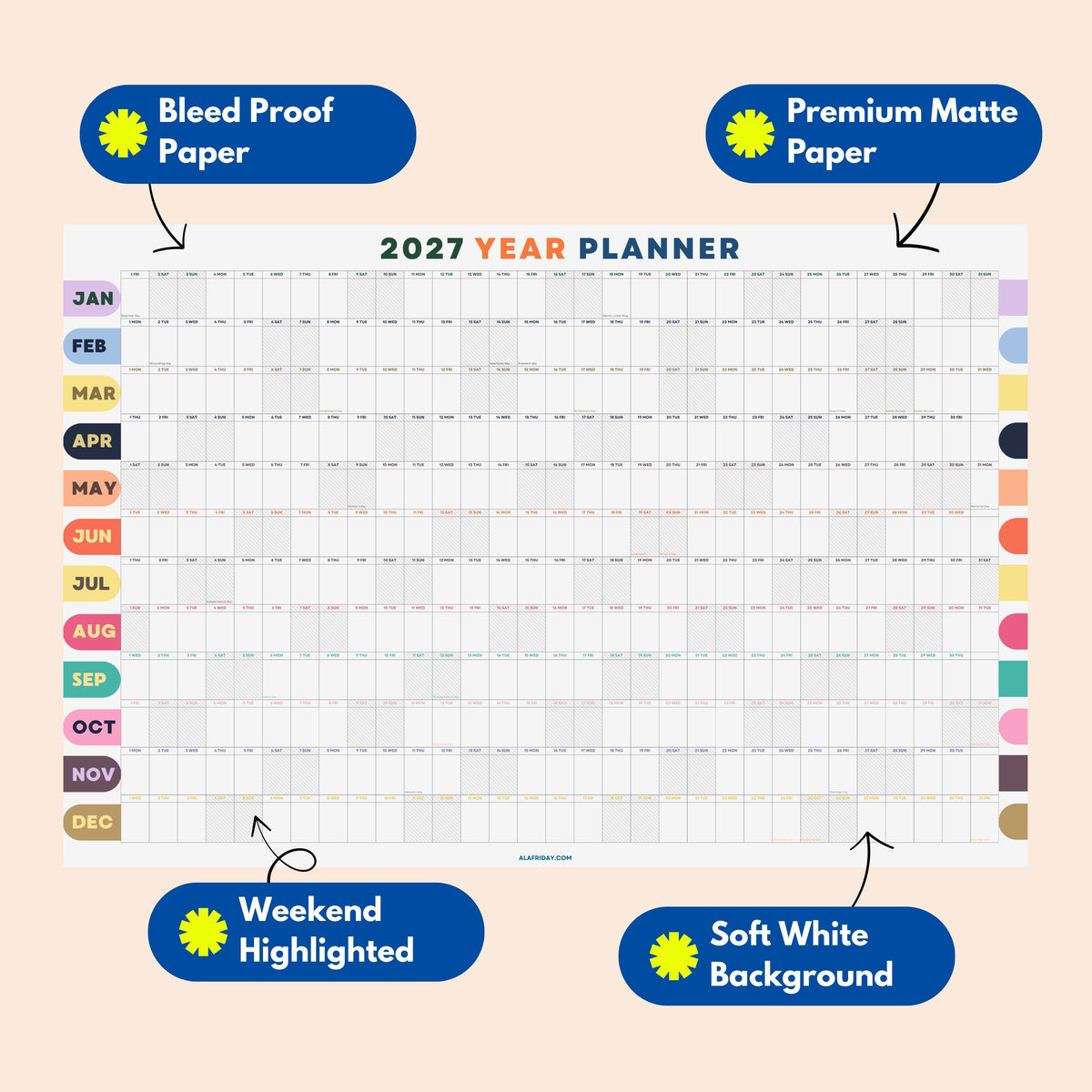 2027 Wall Planner, Rainbow, Matte Paper