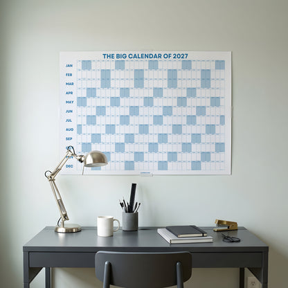 2027 Wall Planner, Year at a Glance, Sage Blue Horizontal Layout