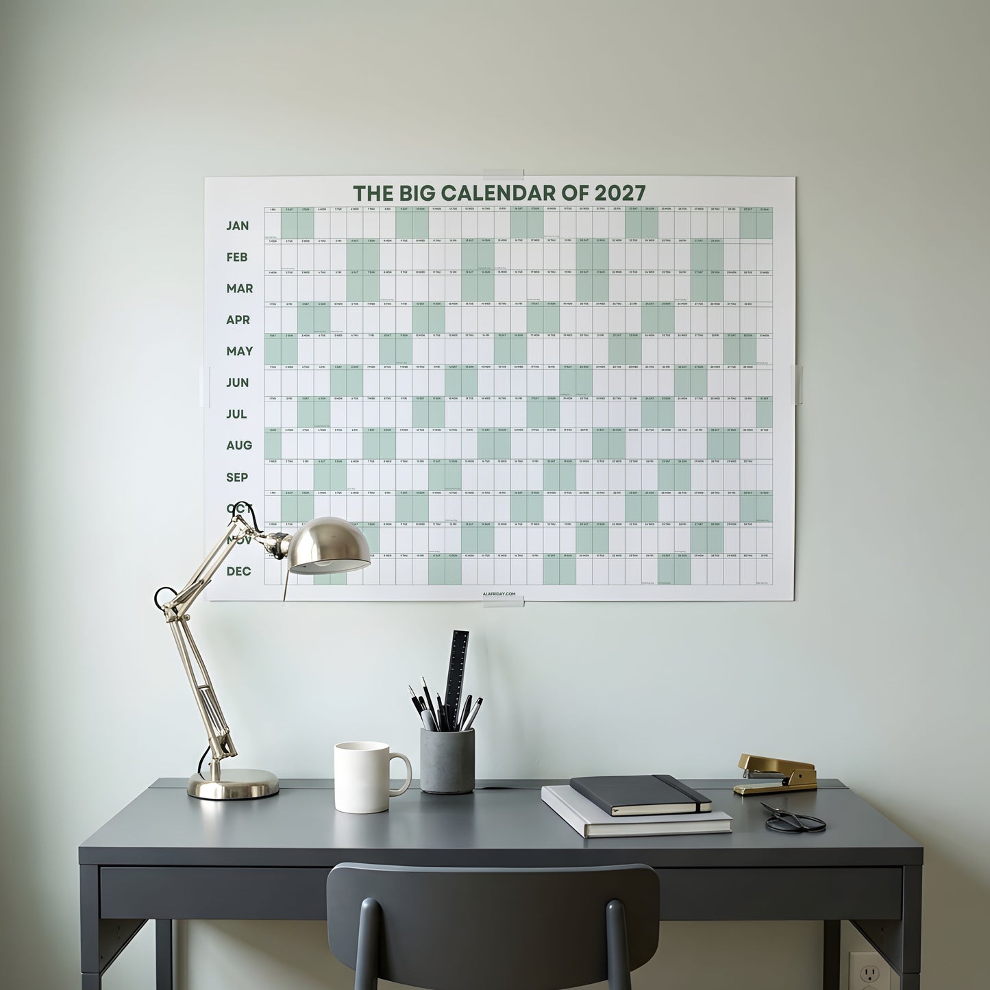 2027 Wall Planner, Year at a Glance, Sage Green Horizontal Layout