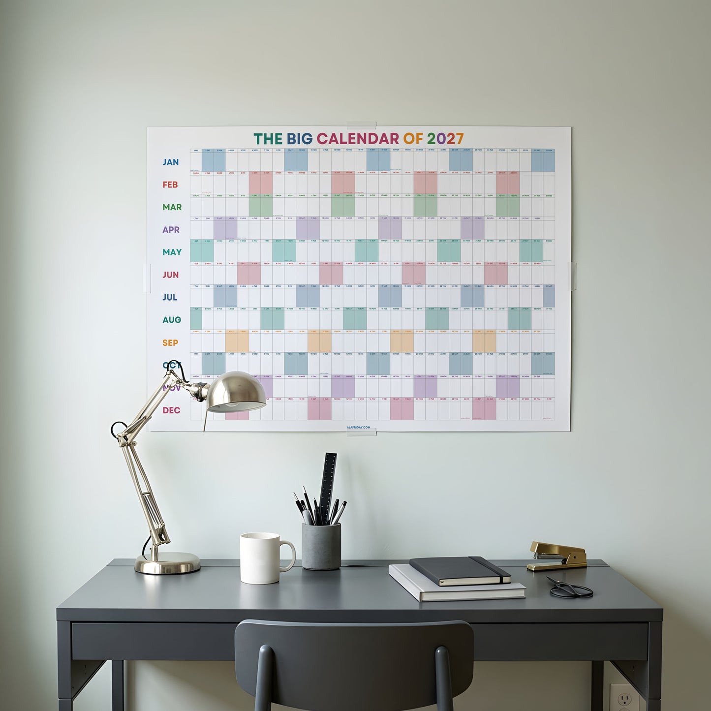 2027 Wall Planner, Year at a Glance, Bright Colorful Horizontal Layout