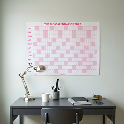 2027 Wall Planner, Year at a Glance, Pink Horizontal Layout
