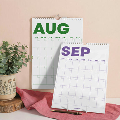 Bright Color Undated Wall Planner: Perpetual Monthly Calendar, Recycled Paper