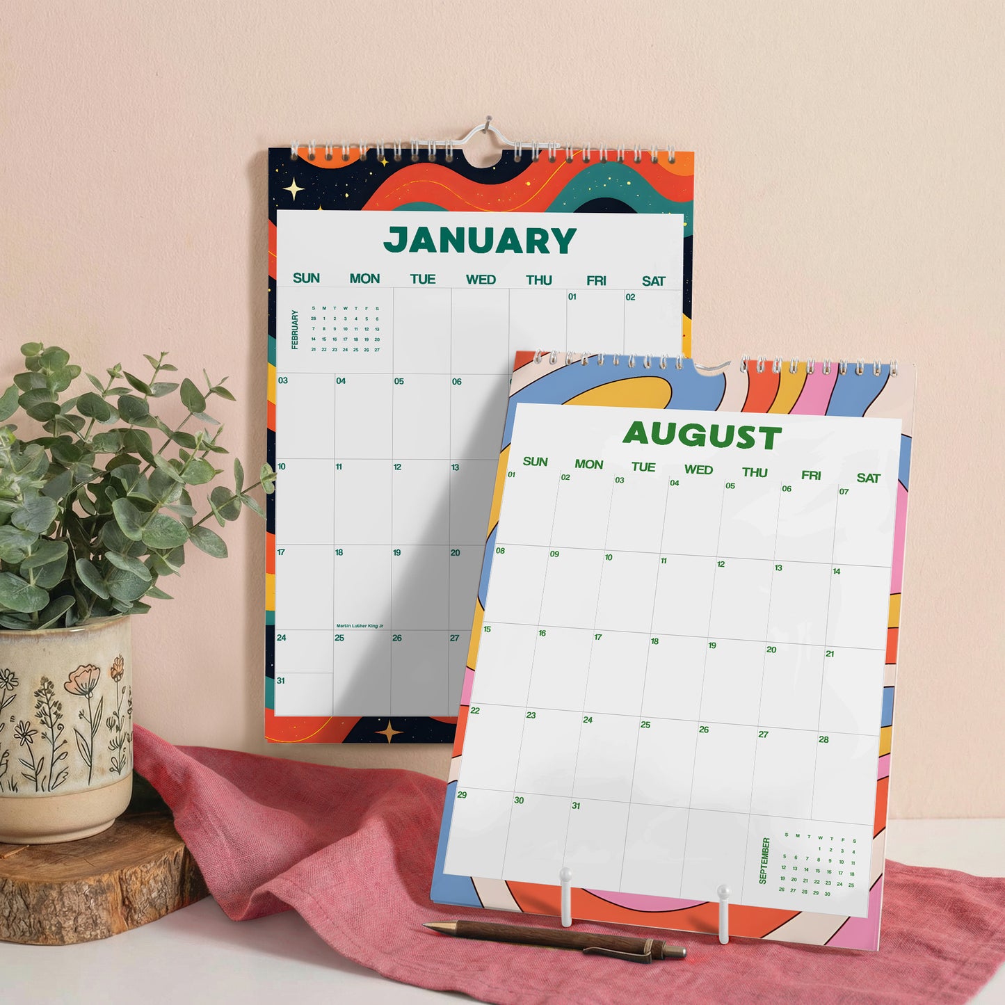 2027 Wall Calendar, Retro Art Design, Recycled Paper