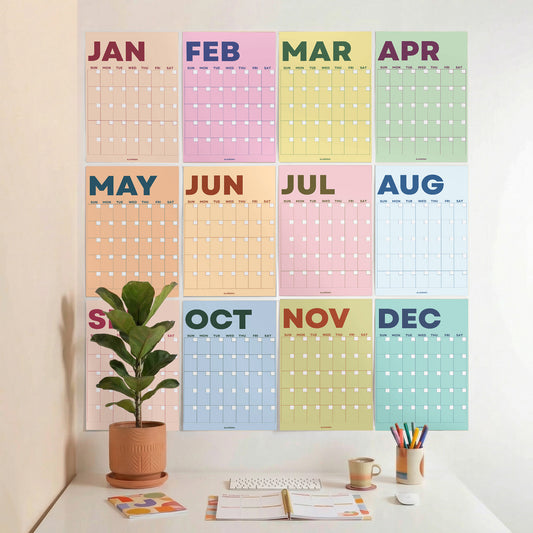 Colorful Undated Wall Planner: Perpetual Monthly Calendar, Recycled Paper
