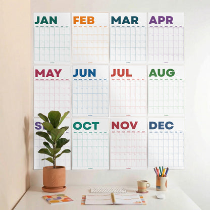 Bright Color Undated Wall Planner: Perpetual Monthly Calendar, Recycled Paper