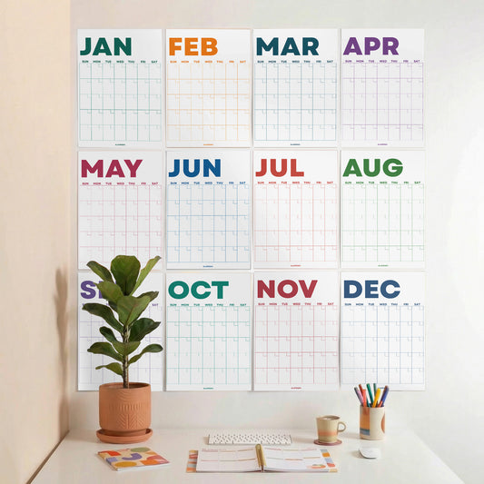 Bright Color Undated Wall Planner: Perpetual Monthly Calendar, Recycled Paper