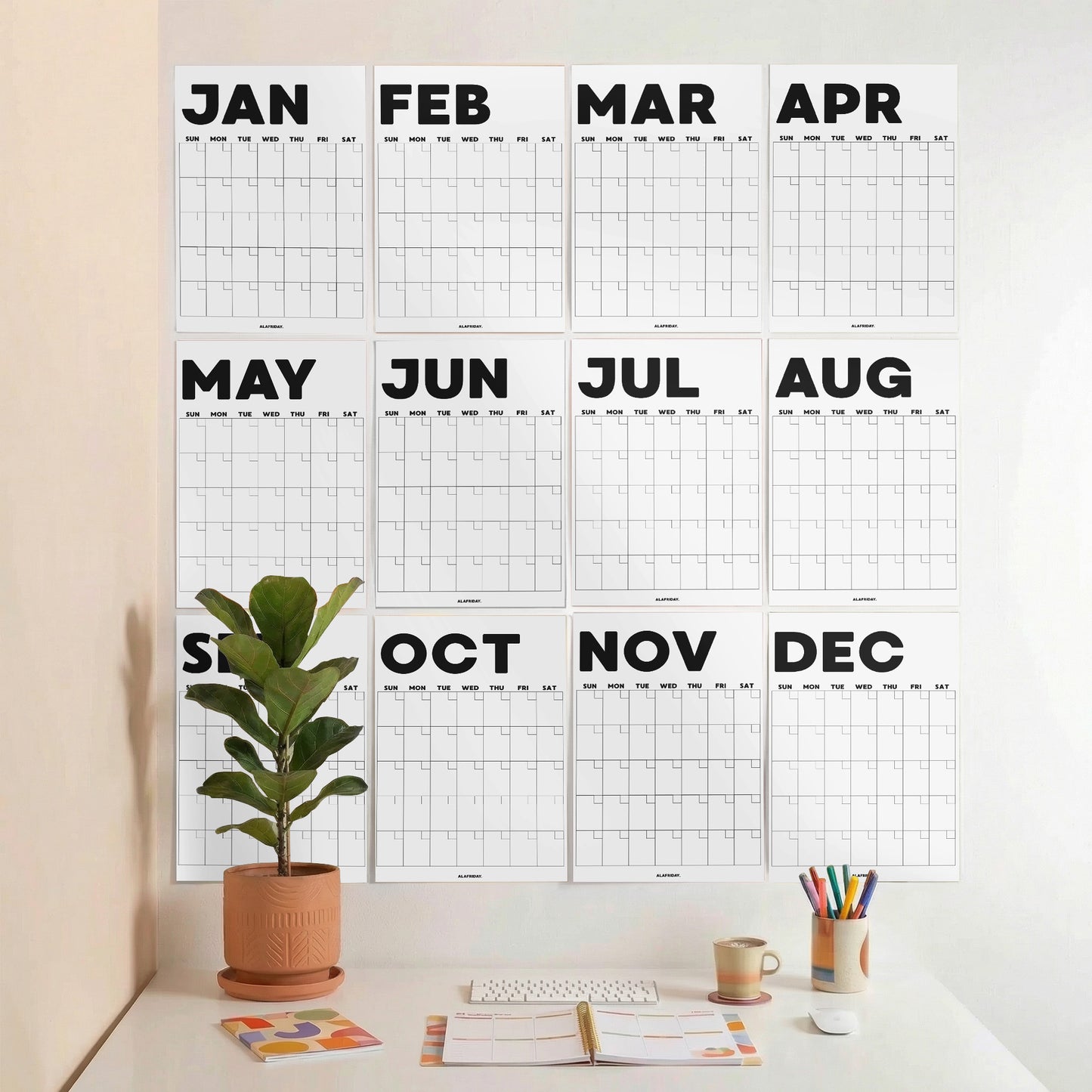 Minimalist Undated Wall Planner: Perpetual Monthly Calendar, Recycled Paper