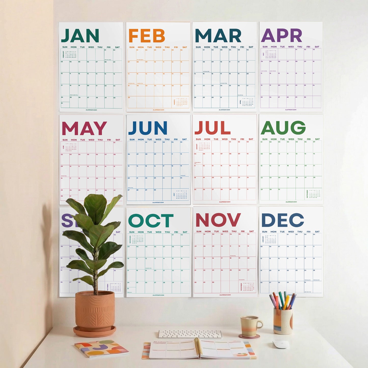 2027 Wall Calendar, Bright Color Design, Recycled Paper
