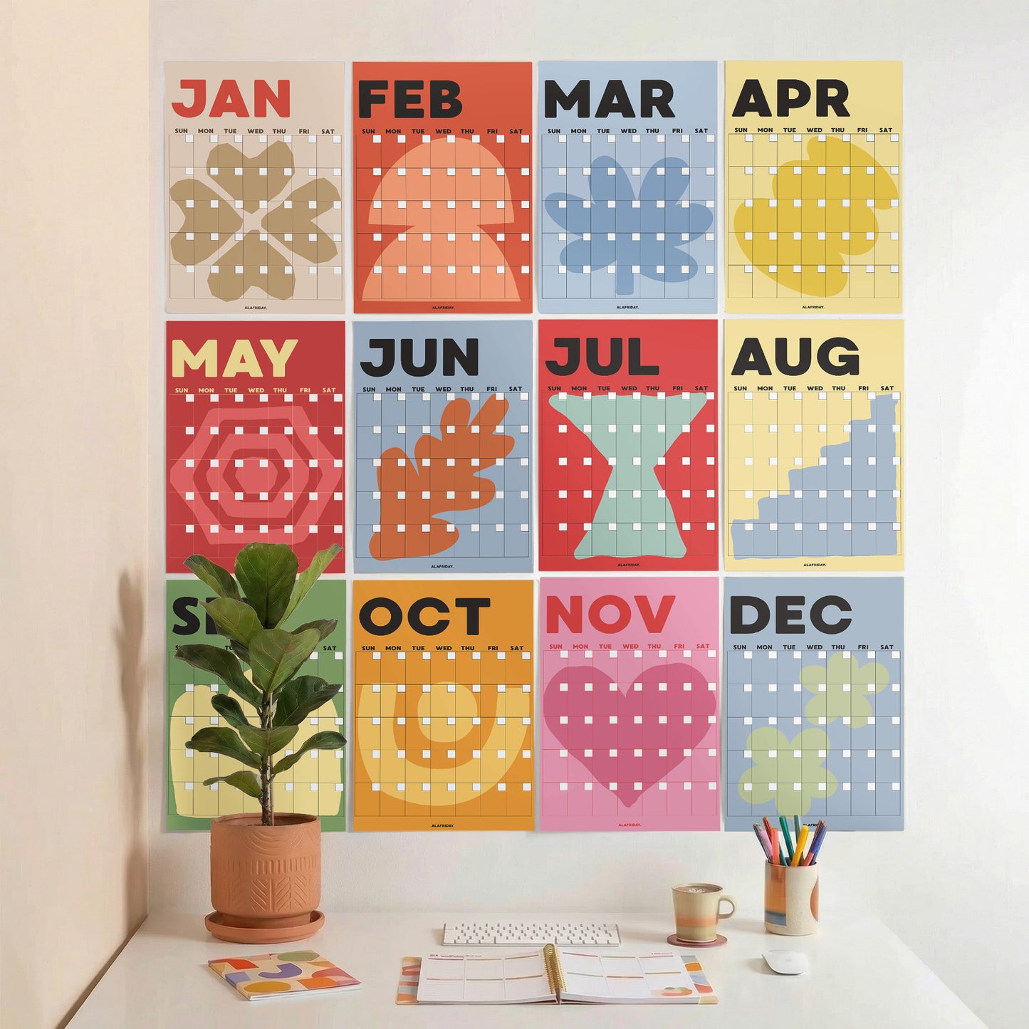 Earth Colorful Undated Wall Planner: Perpetual Monthly Calendar, Recycled Paper