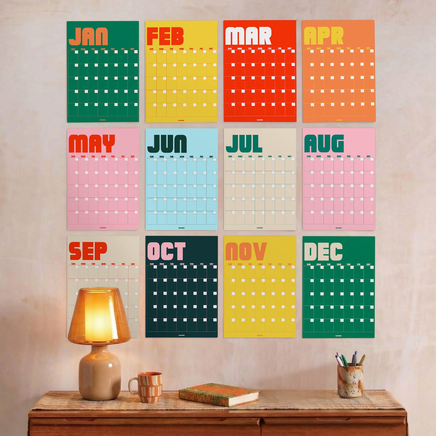 Retro Undated Wall Planner: Perpetual Monthly Calendar, Recycled Paper