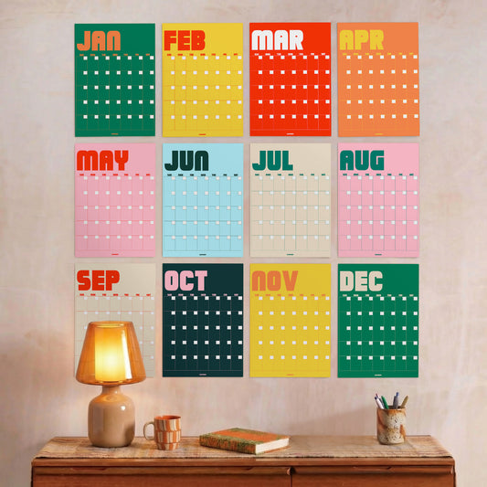 Retro Undated Wall Planner: Perpetual Monthly Calendar, Recycled Paper