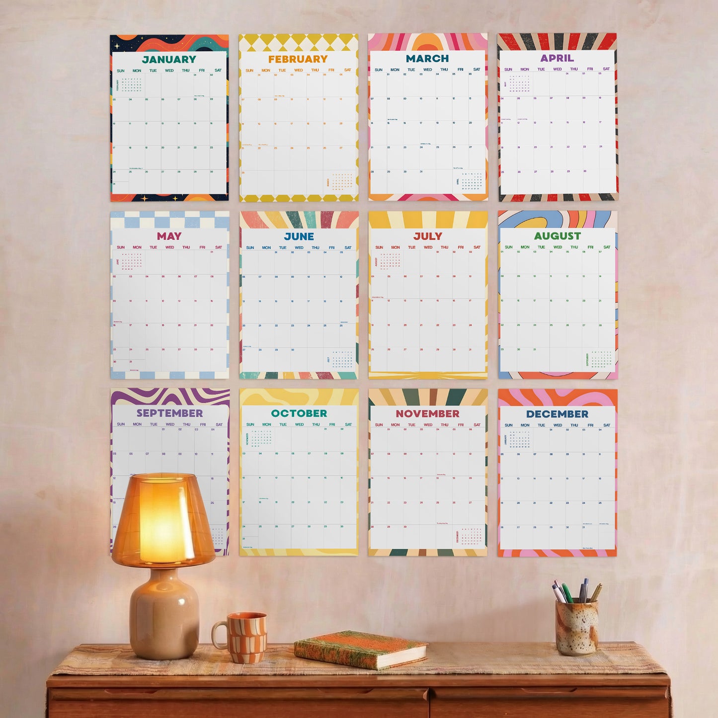 2027 Wall Calendar, Retro Art Design, Recycled Paper