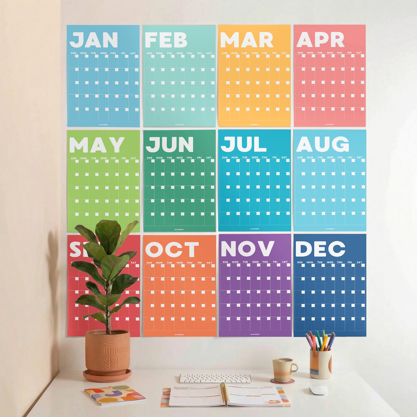 Colorful Undated Wall Planner: Perpetual Monthly Calendar, Recycled Paper