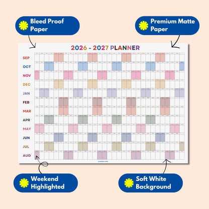 2026-2027 Academic Year Wall Planner, Classroom Planner, Bright Color