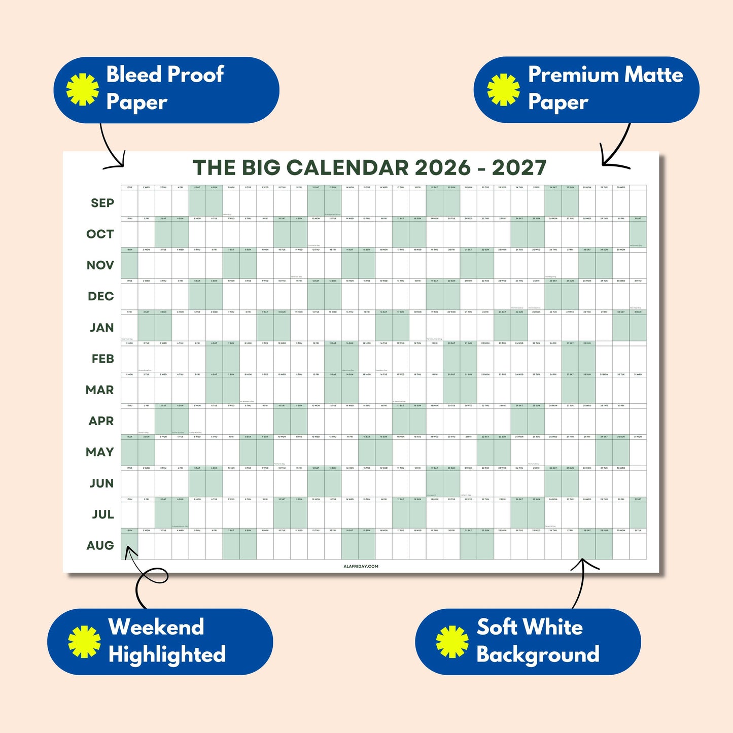 2026-2027 Academic Year Wall Planner, Classroom Planner, Sage Green