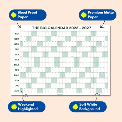 2026-2027 Academic Year Wall Planner, Classroom Planner, Sage Green