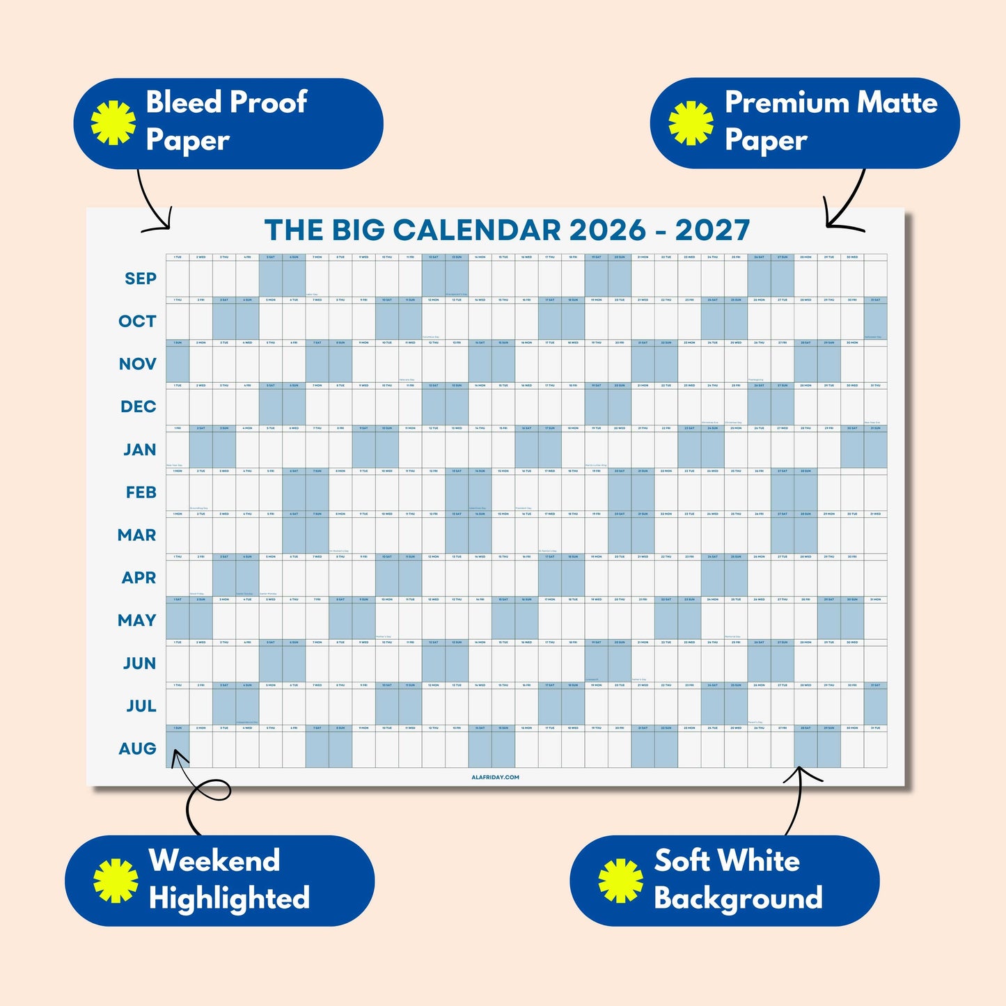 2026-2027 Academic Year Wall Planner, Classroom Planner, Sage Blue