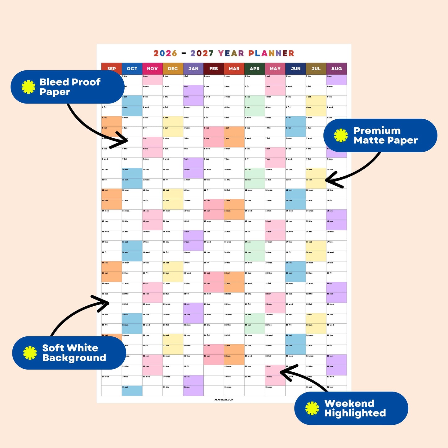 2026-2027 Monthly Grid Wall Planner, Academic Year, Bright Color, Year to View