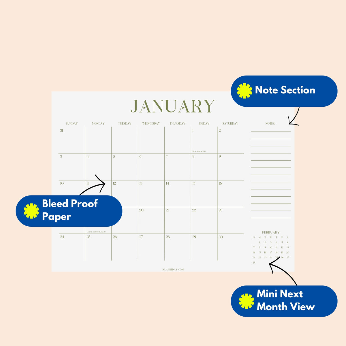 2027 Wall Calendar: Matcha Color, Recycled Paper