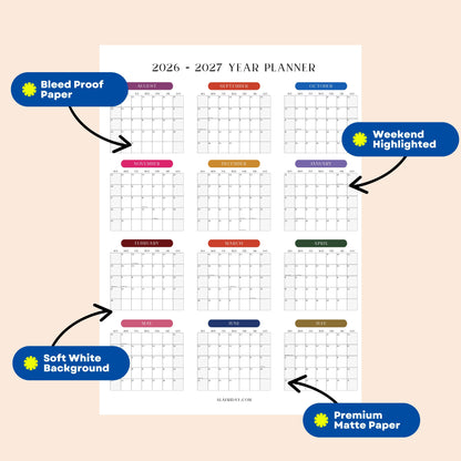 2026-2027 Monthly Grid Wall Planner, Academic Year, August Start, Bright Color, Year to View