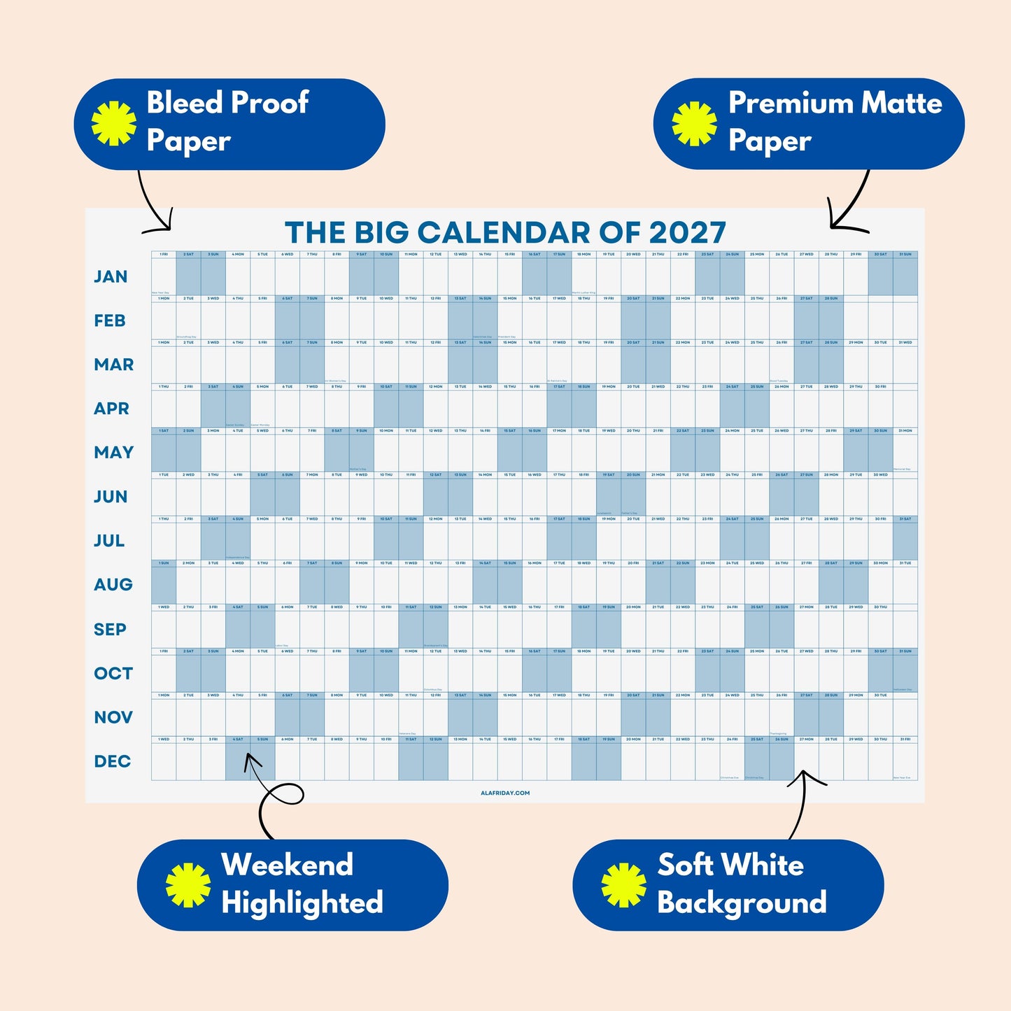 2027 Wall Planner, Year at a Glance, Sage Blue Horizontal Layout