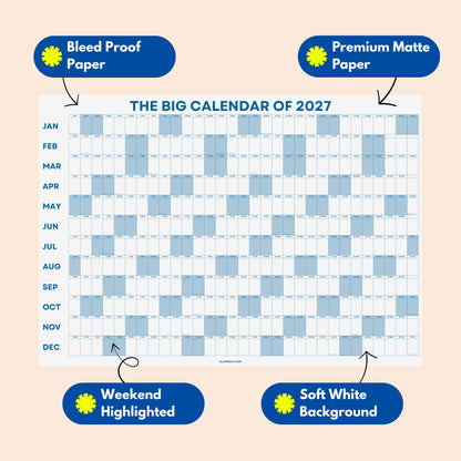 2027 Wall Planner, Year at a Glance, Sage Blue Horizontal Layout