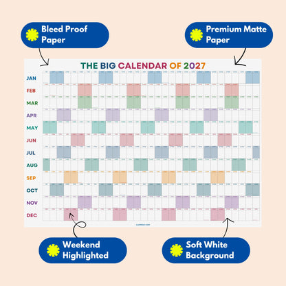 2027 Wall Planner, Year at a Glance, Bright Colorful Horizontal Layout