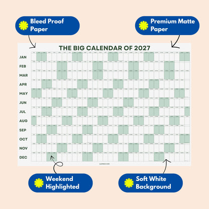 2027 Wall Planner, Year at a Glance, Sage Green Horizontal Layout