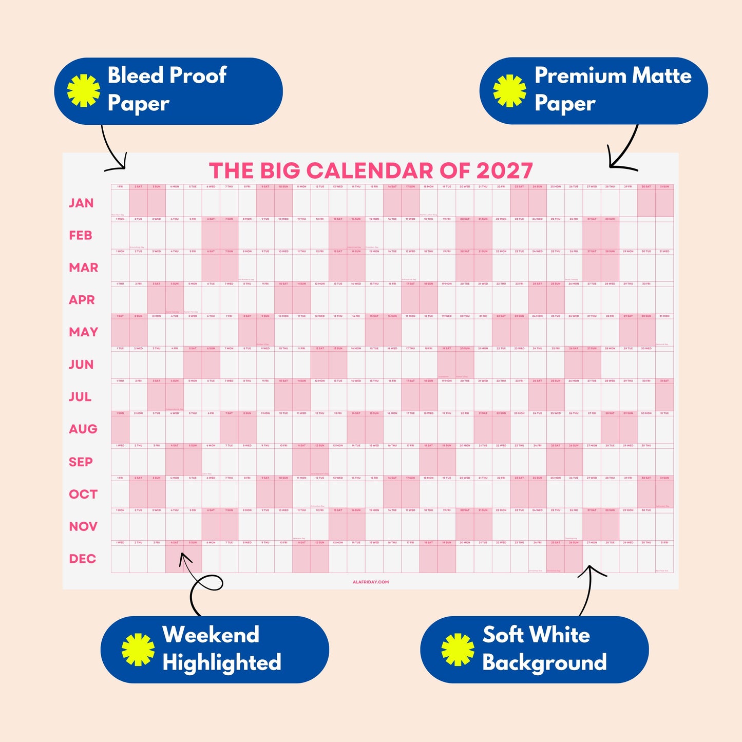2027 Wall Planner, Year at a Glance, Pink Horizontal Layout