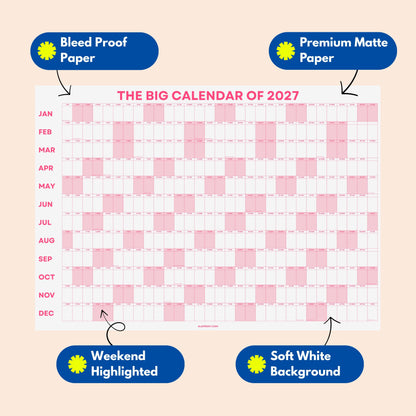 2027 Wall Planner, Year at a Glance, Pink Horizontal Layout