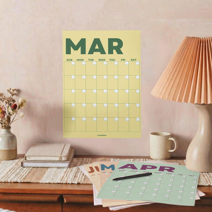 Colorful Undated Wall Planner: Perpetual Monthly Calendar, Recycled Paper